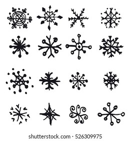 Snowflake Doodle Graphic Hand-drawn Set. Collection Of Snowflakes For Christmas Winter Design.