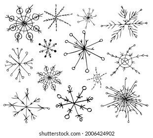 Conjunto gráfico de garabatos de copo de nieve. Colección de copos de nieve para el diseño invernal. Dibujar a mano ilustración vectorial. Navidad. Aislado sobre fondo blanco