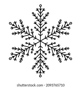 Snowflake doodle isolated on a white background. Vector hand-drawn illustration. Perfect for holiday and Christmas designs, cards, logo, decorations.