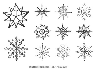 Conjunto de doodle de copo de nieve. Copos de invierno dibujados a mano en estilo boceto con Formas de cristal de hielo. Elemento decorativo de la Navidad para el fondo de la Navidad, el saludo del día de fiesta, y el diseño estacional con el sentimiento festivo frío.
