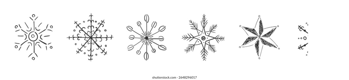 Snowflake doodle set. Hand drawn winter flakes in sketch style with ice crystal shapes. Decorative christmas element for xmas background, holiday greeting, and seasonal design with cold festive mood.
