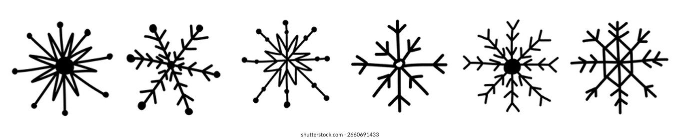 Schneeflocke Doodle Skizze handgezeichnete Illustration Set einzeln auf weiß. Dekoration einfaches Element für Urlaub Postkarte Design. 