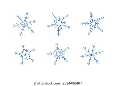 Snowflake doodle style icons for winter design. Vector illustration hand drawn isolated on white background.