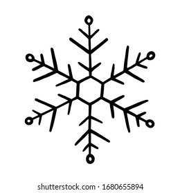 Snowflake in doodle style for winter design. Hand drawn snowflake isolated on whit background. Snowflake icon. Drawing snow. Symbol winter texture. Ice crystal ink freehand. Vector illustration
