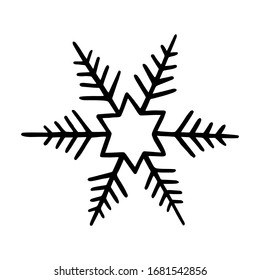 Snowflake in doodle style for winter design. Hand drawn snowflake isolated on whit background. Snowflake icon. Drawing snow. Symbol winter texture. Ice crystal ink freehand. Vector illustration
