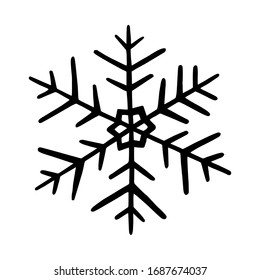 Snowflake in doodle style for winter design. Hand drawn snowflake isolated on whit background. Snowflake icon. Drawing snow. Symbol winter texture. Ice crystal ink freehand. Vector illustration