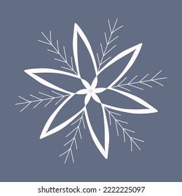 Snowflake in doodle style, winter holiday decoration on background.
