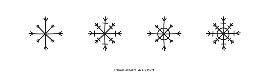 Snowflake doodle vector set. Snow sketch style ornament decoration elements.