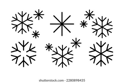 Doodle de copo de nieve conjunto de invierno de silueta de icono aislado negro sobre ilustración vectorial de fondo blanco. 