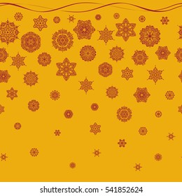 Snowflake doodles. Snow crystal regular texture. Winter, New Year, Christmas simple design on a yellow background. Vector seamless pattern with stylized snowflakes.