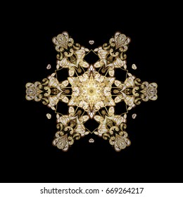 Snowflake doodles. Snow crystal regular texture. Vector with stylized gold snowflakes. Winter, New Year, Christmas simple design on a black background.