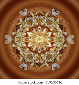 Snowflake doodles. Vector with stylized gold snowflakes. Winter, New Year, Christmas simple design on a colorfil background. Snow crystal regular texture.