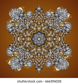 Snowflake doodles. Vector with stylized gold snowflakes. Winter, New Year, Christmas simple design on a brown background. Snow crystal regular texture.