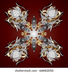 Snowflake doodles. Vector with stylized gold snowflakes. Winter, New Year, Christmas simple design on a brown background. Snow crystal regular texture.