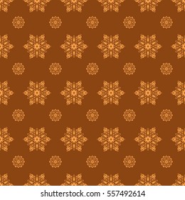 Snowflake doodles. Winter, New Year, Christmas 2018 simple design on a brown background. Vector seamless pattern with stylized snowflakes. Snow crystal regular texture.