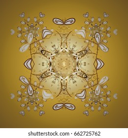 Snowflake doodles. Winter, New Year, Christmas simple design on a colorful background. Snow crystal regular texture. Vector with stylized gold snowflakes.