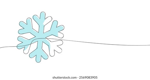 Snowflake drawn in continuous one-line style on white background. Minimalistic line art illustration for design and print in color. Winter and seasonal decoration concept.