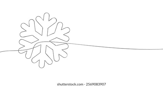 Snowflake drawn in continuous one-line style on white background. Minimalistic line art illustration for design and print. Winter and seasonal decoration concept.