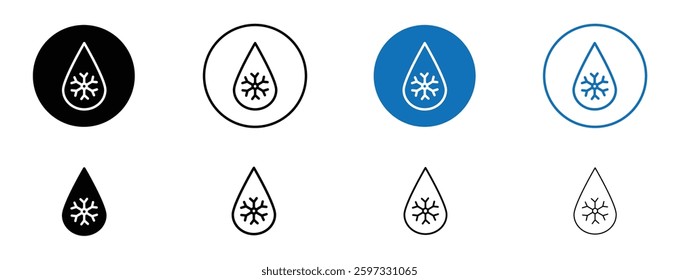 Snowflake droplets icon set in black and blue colors on white background