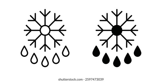 Snowflake droplets vector icon set black filled and outlined style.