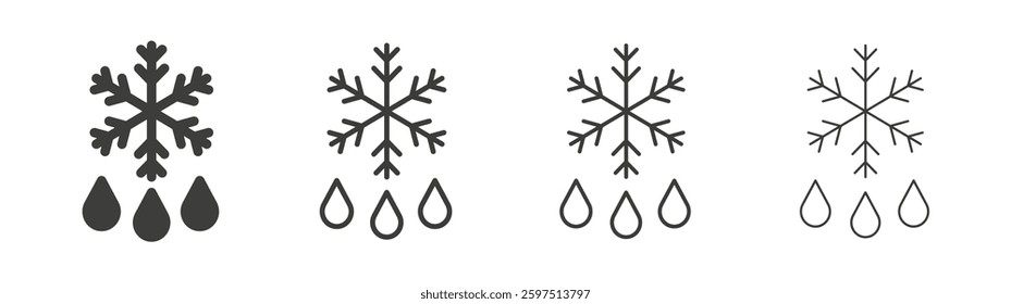 Snowflake droplets vector icon set in black and white color.
