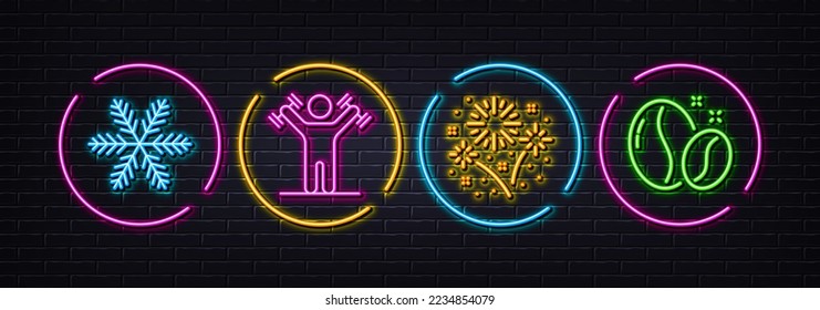 Snowflake, Dumbbells workout and Fireworks minimal line icons. Neon laser 3d lights. Coffee beans icons. For web, application, printing. Air conditioning, Fitness athlete, Pyrotechnic salute. Vector