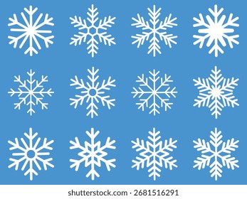 Copo de nieve fácil de usar conjunto de ilustración de iconos ( material de Vector Decoración decoración simple blanco invierno ) Iconos de nieve. Colección dibujada a mano del icono del Vector del doodle del copo de nieve, símbolo de la nieve del invierno. Copos de nieve