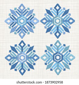 Schneeflocken-Stickerei-Set. Muster für Weihnachten- oder Neujahrsdekoration. Hintergrundgrafik für Grußkarten, Banner und andere Urlaubsträger.