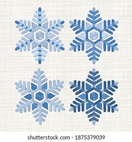 Snowflake embroidery set. Pattern for Christmas or New Year decoration. Background illustration for greeting card, banner and other holiday media.