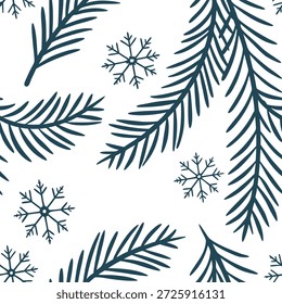Copo de nieve y rama siempreverde patrón de azulejos sin fisuras con acentos helados y concepto de elegancia de invierno como ramas siempreverdes emparejadas con copos de nieve crean un patrón de azulejos sin fisuras con acentos helados y elegancia de invierno perfecto para la decoración de invierno en Foto de archivo Concepto y espacio vacío en el lado izquierdo, sin texto --ar 7:2 --tile