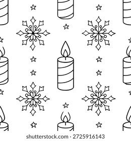 Floco de neve e vela festiva padrão de telha sem costura com brilho inverno acentos conceito como Velas de inverno brilhantes emparelhadas com flocos de neve criar um padrão de telha sem costura com acentos de inverno festivo perfeito para decoração de férias no Photo Stock Concept e espaço vazio no lado esquerdo, sem texto —ar 7:2 —azulejo
