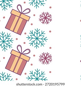 Snowflake and festive gift seamless tile pattern with colorful holiday elements concept as Colorful holiday gifts paired with snowflakes create a seamless tile pattern with festive winter elements perfect for holiday decor in Photo Stock Concept and empty space on the left side,no text --ar 7:2 --tile
