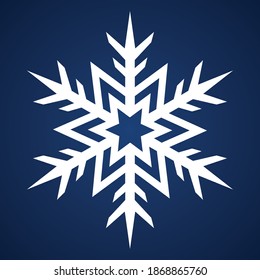 Snowflake. Festive ornament. Vector illustration. Isolated blue background. Flat style. A fragile crystal of intricate shape. Frostwork. Snow flakes. Frozen star. Arctic icon. New year, Christmas.