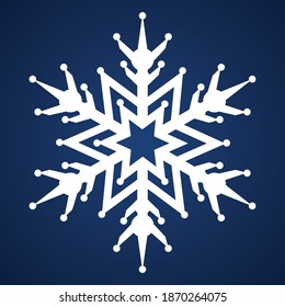 Snowflake. Festive ornament. Vector illustration. Isolated blue background. Flat style. A fragile crystal of intricate shape. Frostwork. Snow flakes. Frozen star. Arctic icon. New year, Christmas.