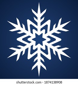 Snowflake. Festive ornament. Vector illustration. Isolated blue background. Flat style. A fragile crystal of intricate shape. Frostwork. Snow flakes. Frozen star. Arctic icon. New year, Christmas.
