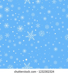 Snowflake festive seamless pattern. Snow fall made in thine line art. Merry Christmas design. 