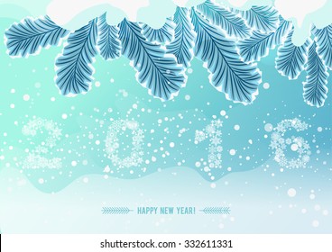 Snowflake figures 2016 on snow frozen tree branch