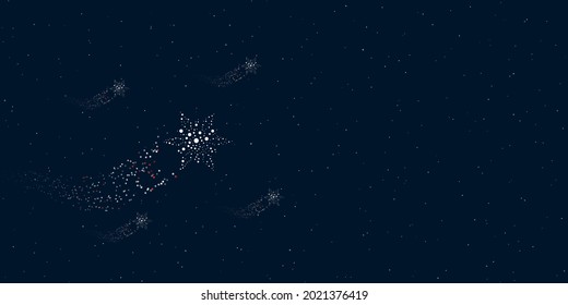 Un copo de nieve lleno de puntos vuela a través de las estrellas dejando un rastro detrás. Cuatro pequeños símbolos alrededor. Espacio vacío para texto a la derecha. Ilustración vectorial sobre fondo azul oscuro con estrellas