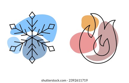 Copo de nieve y llama de fuego. Icono del aire acondicionado. Signo de la función de acondicionador o de sistema dividido. Símbolo de enfriamiento de calefacción. Caliente y frío. Fuego y lago de nieve. Botón de calefacción y refrigeración