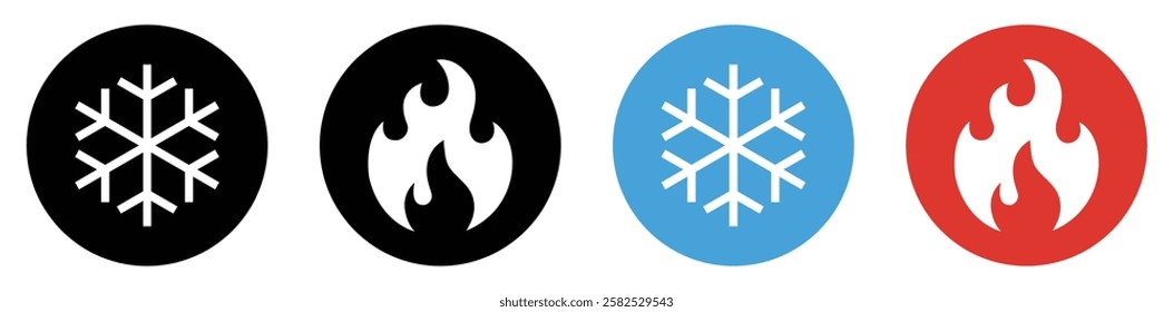 Snowflake and fire icon. Cold and hot sign symbol. Ice and flame fire icons in circle for app and web. Isolated vector illustration. Silhouette and flat style.