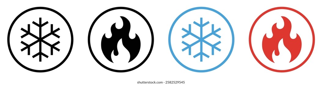 Snowflake and fire icon. Cold and hot sign symbol. Ice and flame fire icons in circle for app and web. Flat design. Vector illustration. Silhouette and outline style.