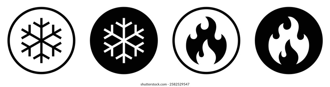 Snowflake and fire icon. Cold and hot sign symbol. Ice and flame fire icons in circle for app and web. Flat design. Isolated vector illustration. Silhouette and outline style.