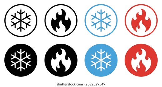 Snowflake and fire icon. Cold and hot sign symbol. Ice and flame fire icons in circle for app and web. Flat design. Isolated vector illustration. Silhouette and outline design.