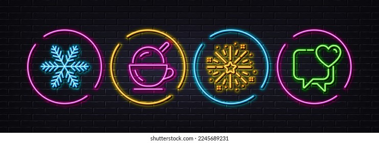 Snowflake, Fireworks explosion and Ice cream minimal line icons. Neon laser 3d lights. Heart icons. For web, application, printing. Air conditioning, Pyrotechnic salute, Coffee cup. Love chat. Vector