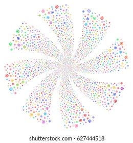 Snowflake fireworks swirl rotation. Vector illustration style is flat bright multicolored iconic symbols on a white background. Object whirl constructed from random icons.
