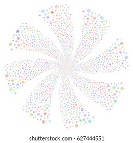 Snowflake fireworks swirl rotation. Vector illustration style is flat bright multicolored iconic symbols on a white background. Object whirlpool organized from random icons.