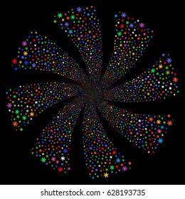 Snowflake fireworks swirl rotation. Vector illustration style is flat bright multicolored iconic symbols on a black background. Object flower made from random pictographs.