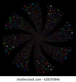 Snowflake fireworks swirl rotation. Vector illustration style is flat bright multicolored iconic symbols on a black background. Object whirl created from random pictographs.
