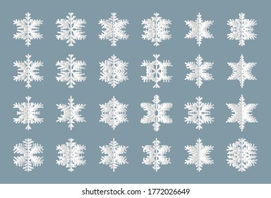 Conjunto de silueta de copos de nieve. Cortado de papel en capas. Origami de nieve de diferente forma. Elementos decorativos para las fiestas de invierno estacionales banner o Navidad y Feliz Año Nuevo Isolación ilustración vectorial
