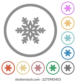 Schneeflocken, flache Symbole in runden Umrissen auf weißem Hintergrund